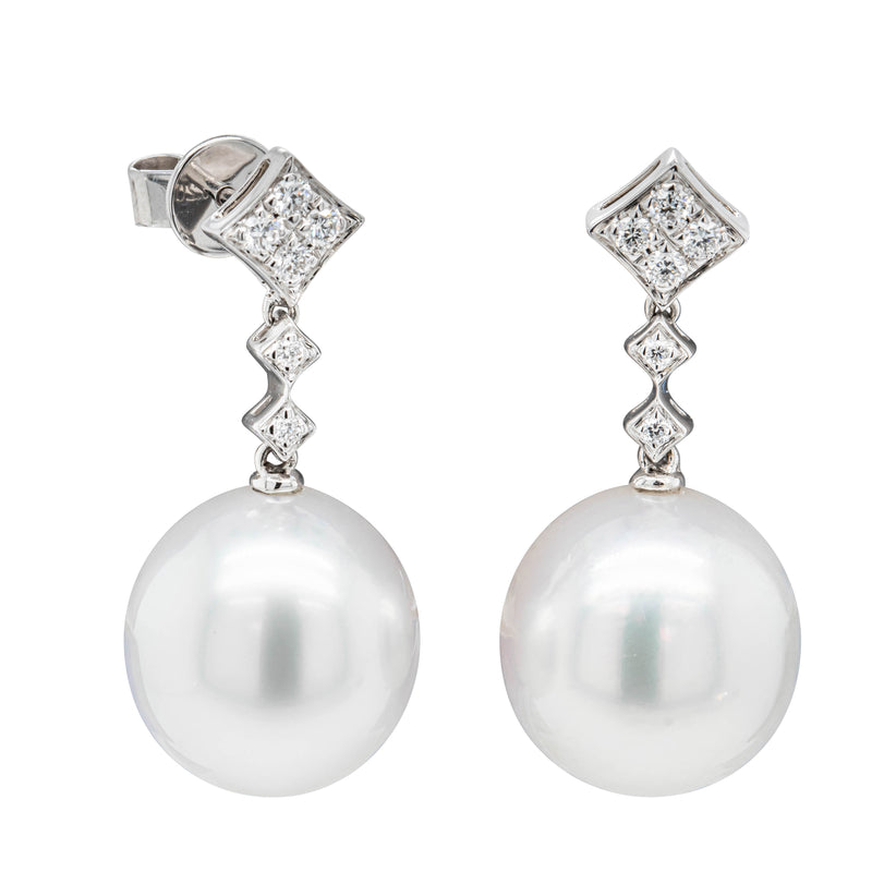 18ct White Gold South Sea Pearl & Diamond Drop Earrings-Earrings-Walker & Hall