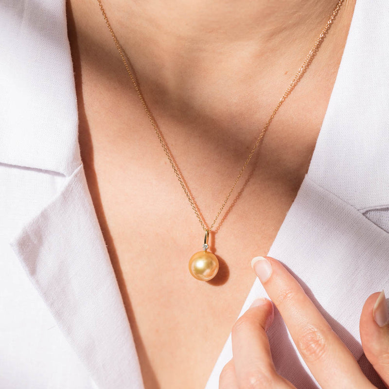 18ct Yellow Gold Golden South Sea Pearl & Diamond Pendant-Necklace-Walker & Hall