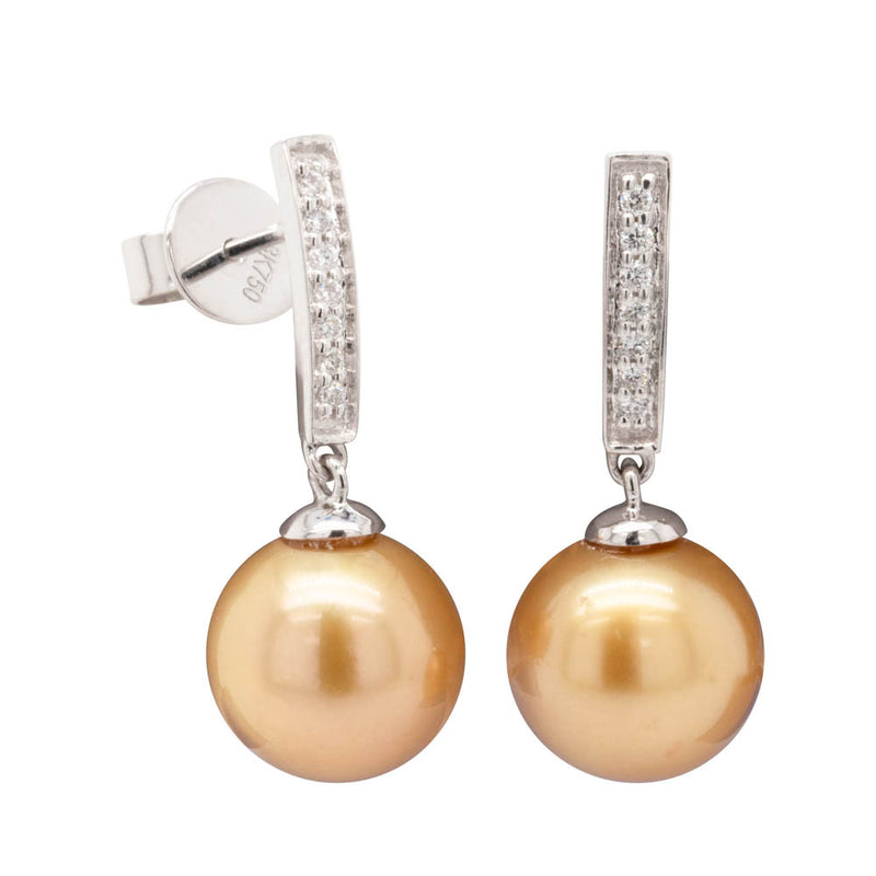 18ct White Gold Golden Pearl & Diamond Earrings-Earrings-Walker & Hall