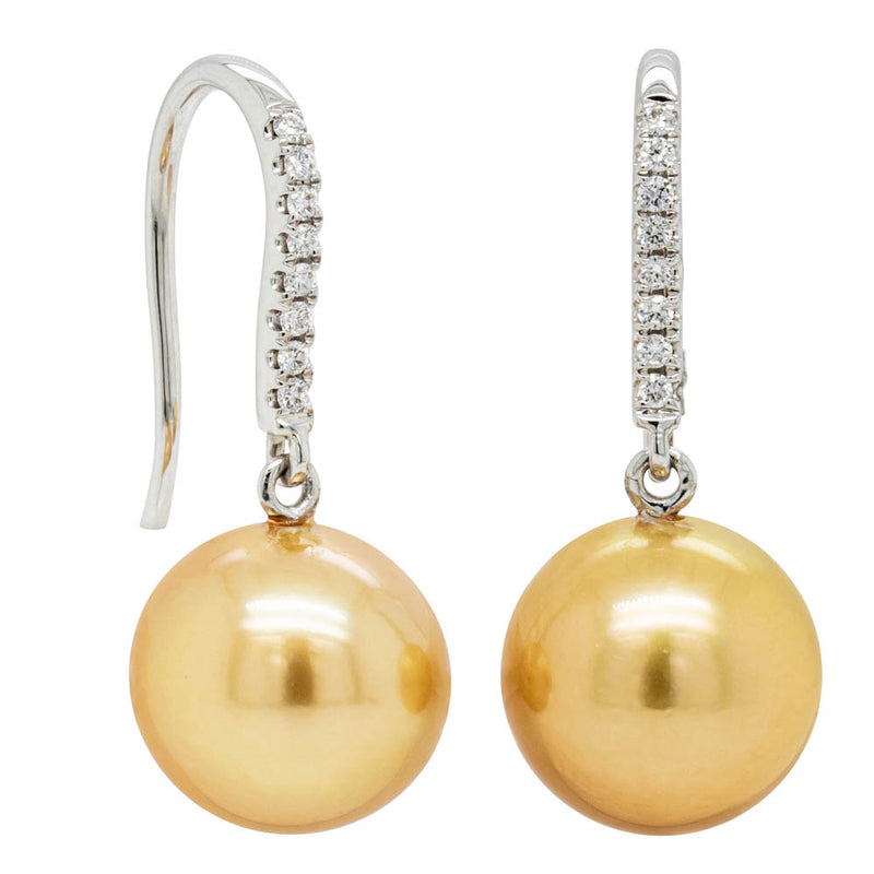 18ct White Gold Golden Pearl & Diamond Earrings-Earrings-Walker & Hall