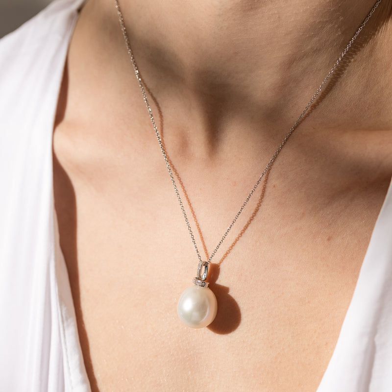 18ct White Gold South Sea Pearl & Diamond Pendant-Necklace-Walker & Hall