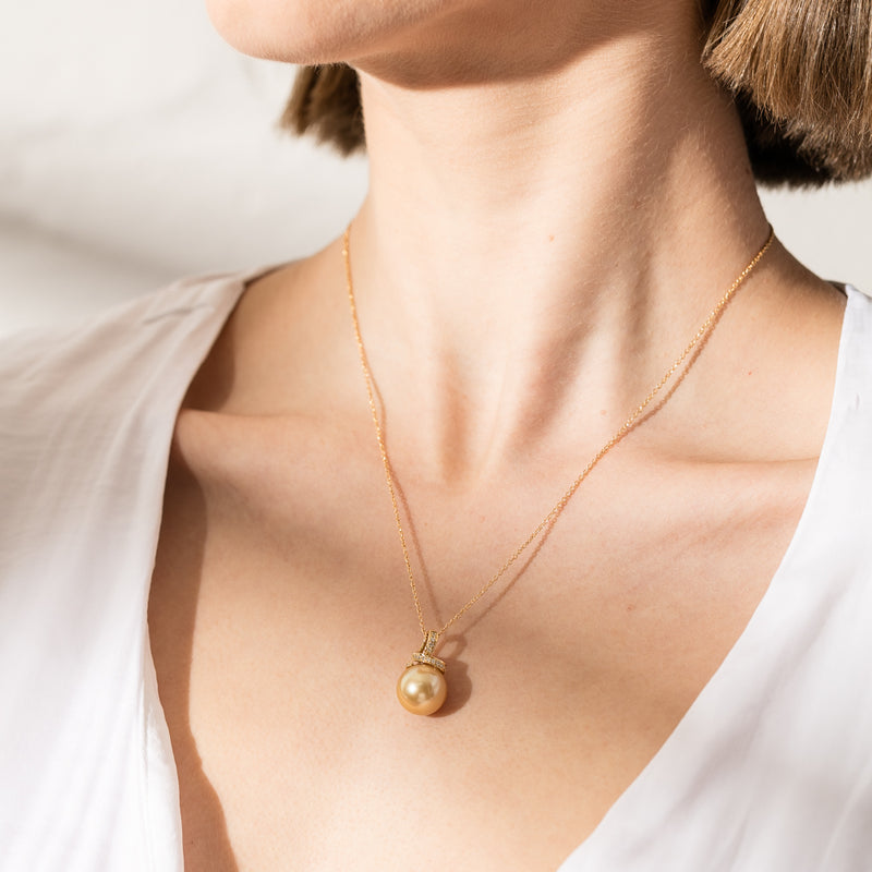 18ct Yellow Gold Golden Pearl & Diamond Pendant-Necklace-Walker & Hall