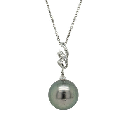 18ct White Gold Tahitian Pearl & Diamond Pendant-Necklace-Walker & Hall
