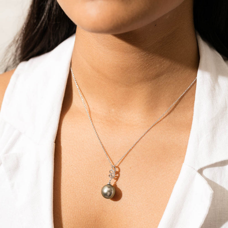 18ct White Gold Tahitian Pearl & Diamond Pendant-Necklace-Walker & Hall