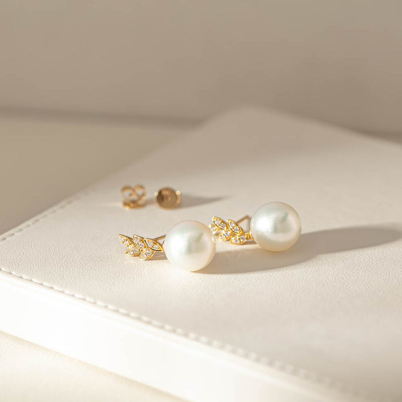 18ct Yellow Gold South Sea Pearl & Diamond Earrings-Earrings-Walker & Hall