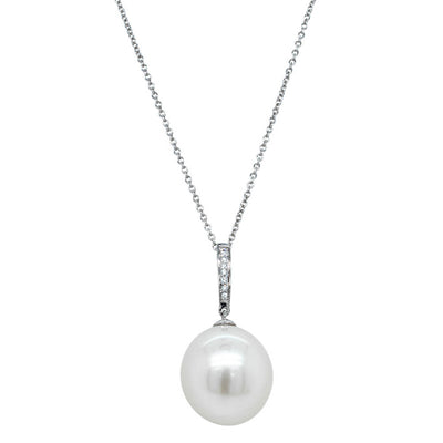 18ct White Gold South Sea Pearl & Diamond Pendant With Chain-Necklace-Walker & Hall