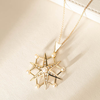 Vintage 9ct Yellow Gold Pearl & Diamond Pendant With Chain-Necklace-Walker & Hall