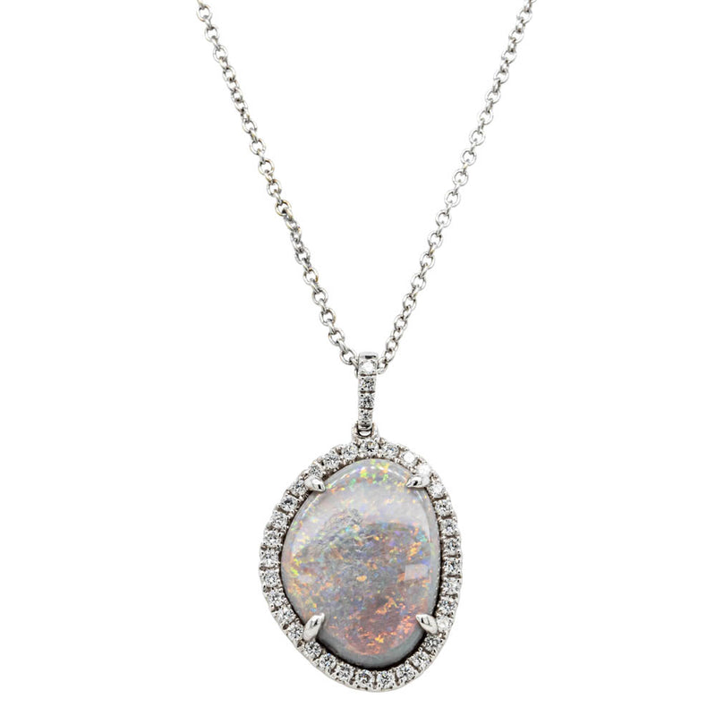 18ct White Gold Opal & Diamond Pendant-Necklace-Walker & Hall