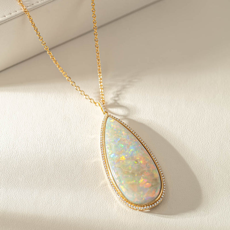 18ct Yellow Gold Opal & Diamond Pendant-Necklace-Walker & Hall