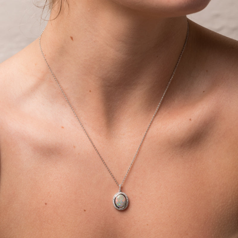 18ct White Gold Opal & Diamond Isla Pendant-Necklace-Walker & Hall