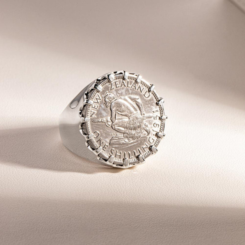 Sterling Silver Warrior Ring With NZ Shilling-Ring-Walker & Hall