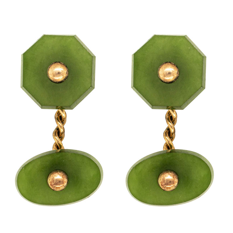 Vintage Yellow Gold Plated Greenstone Cufflinks-Cufflinks-Walker & Hall