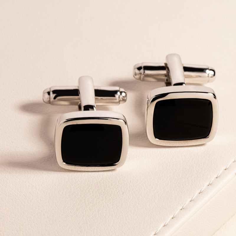 Sterling Silver & Onyx Rectangular Cufflinks-Cufflinks-Walker & Hall