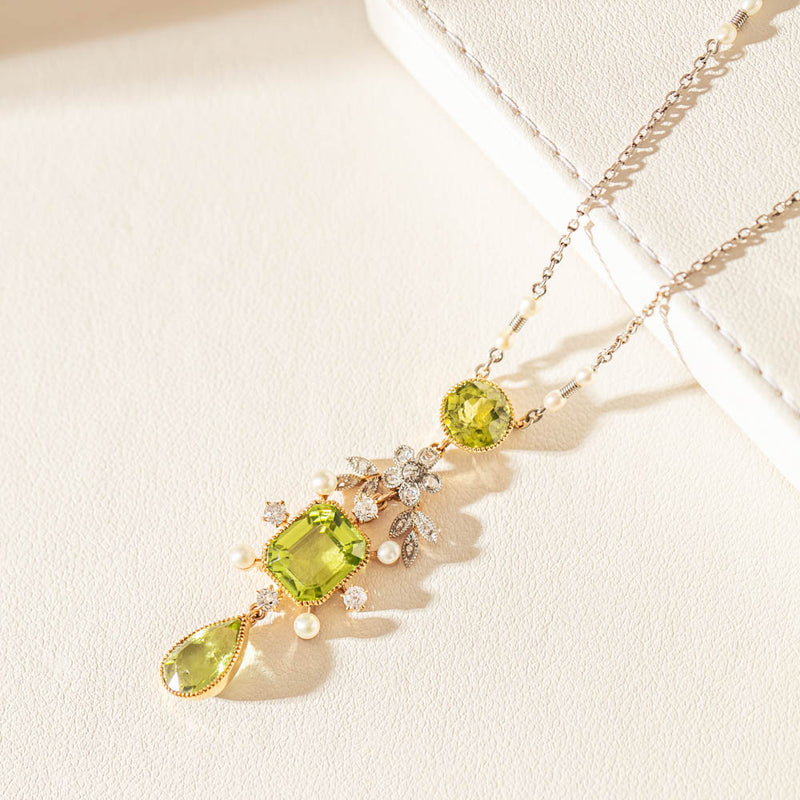 Vintage Platinum & Yellow Gold, Peridot, Pearl & Diamond Set-Necklace-Walker & Hall