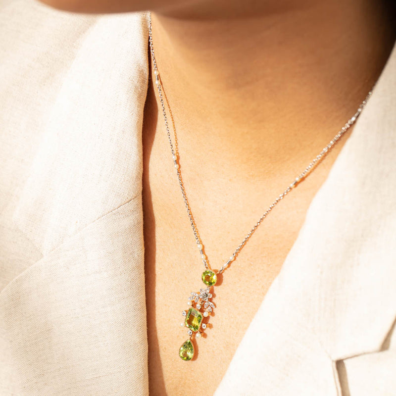 Vintage Platinum & Yellow Gold, Peridot, Pearl & Diamond Set-Necklace-Walker & Hall