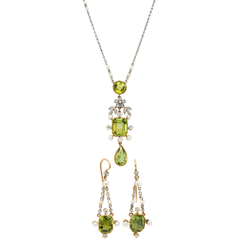 Vintage Platinum & Yellow Gold, Peridot, Pearl & Diamond Set-Necklace-Walker & Hall