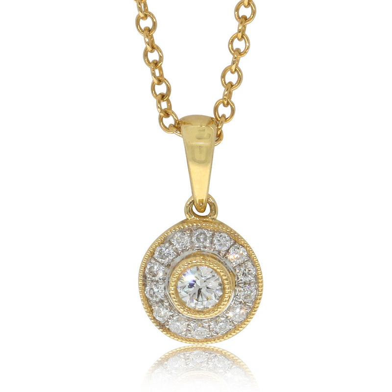 18ct Yellow Gold Diamond Halo Pendant-Necklace-Walker & Hall