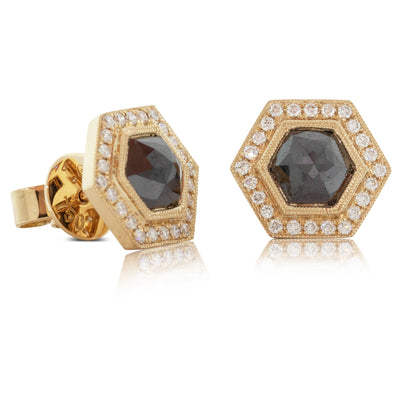18ct Yellow Gold Black Diamond Halo Earrings-Earrings-Walker & Hall