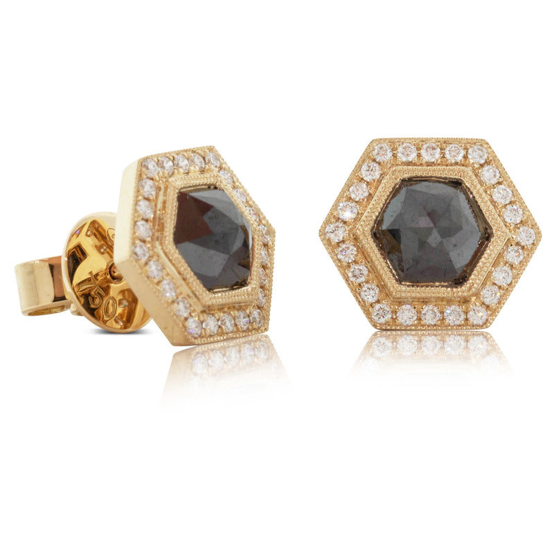 18ct Yellow Gold Black Diamond Halo Earrings-Earrings-Walker & Hall