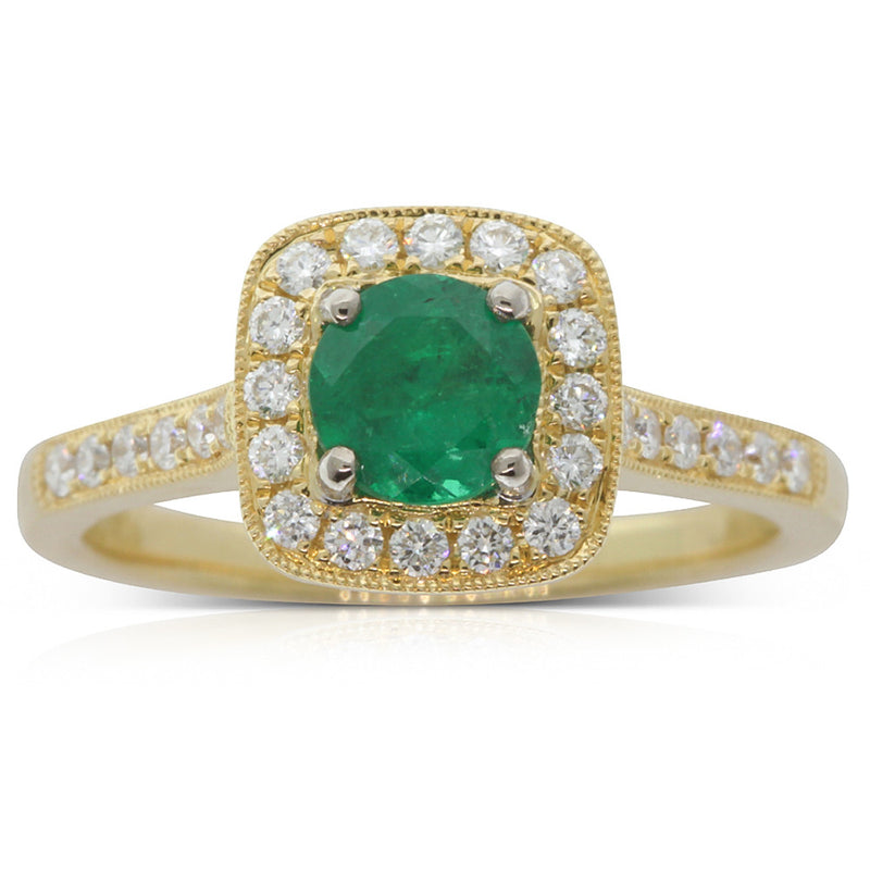 18ct Yellow Gold Emerald And Diamond Halo Ring-Ring-Walker & Hall