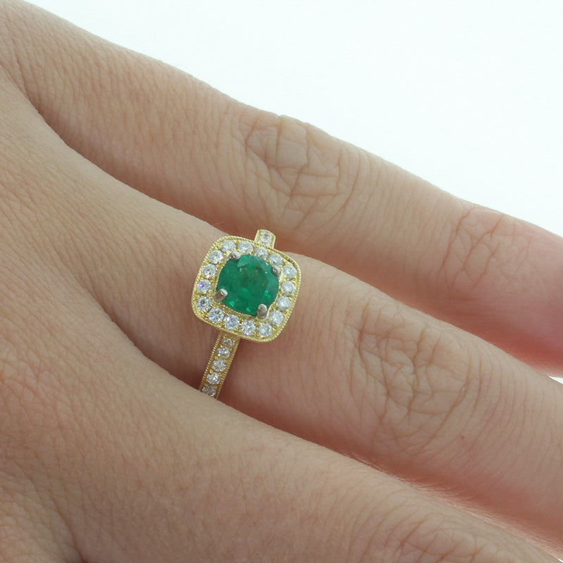 18ct Yellow Gold Emerald And Diamond Halo Ring-Ring-Walker & Hall