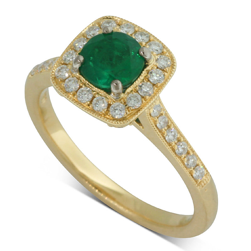 18ct Yellow Gold Emerald And Diamond Halo Ring-Ring-Walker & Hall