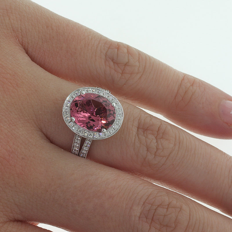 18ct White Gold Tourmaline & Diamond Halo Ring-Ring-Walker & Hall