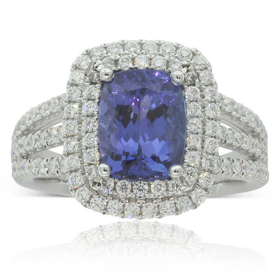 18ct White Gold Tanzanite & Diamond Halo Ring-Ring-Walker & Hall