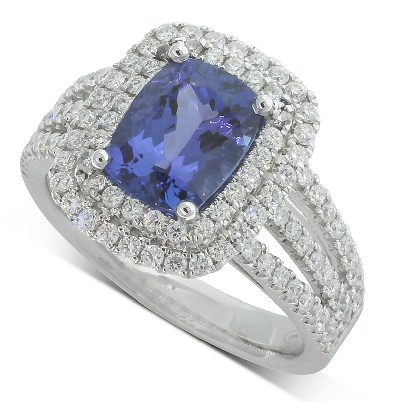 18ct White Gold Tanzanite & Diamond Halo Ring-Ring-Walker & Hall