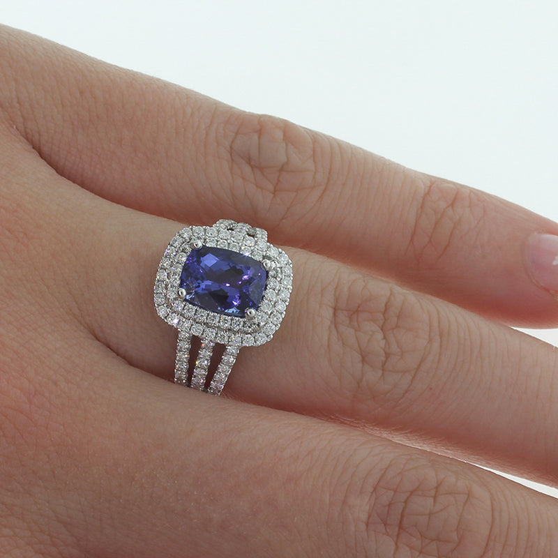 18ct White Gold Tanzanite & Diamond Halo Ring-Ring-Walker & Hall