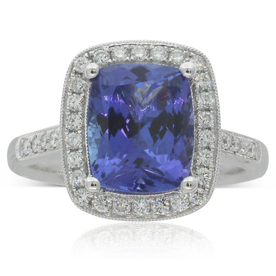 18ct White Gold Tanzanite & Diamond Halo Ring-Ring-Walker & Hall