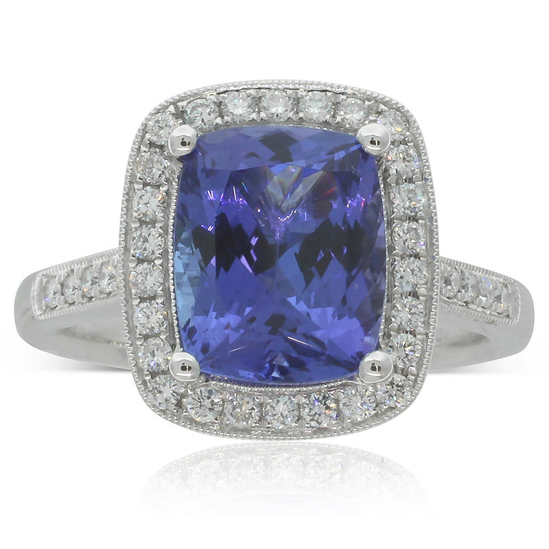 18ct White Gold Tanzanite & Diamond Halo Ring-Ring-Walker & Hall