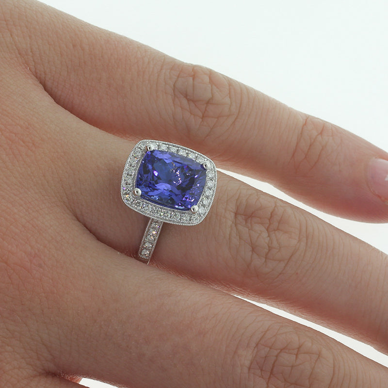 18ct White Gold Tanzanite & Diamond Halo Ring-Ring-Walker & Hall