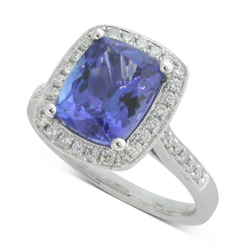 18ct White Gold Tanzanite & Diamond Halo Ring-Ring-Walker & Hall