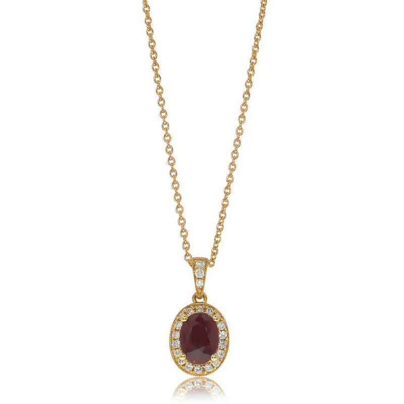 18ct Yellow Gold Ruby And Diamond Halo Pendant-Necklace-Walker & Hall