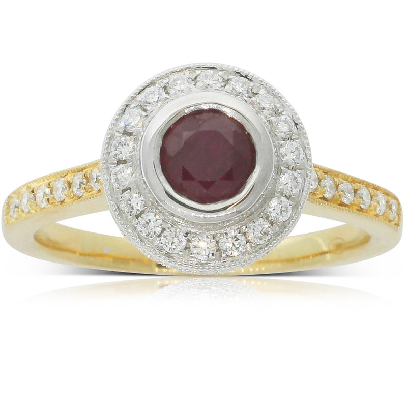18ct Yellow And 18ct White Gold Ruby And Diamond Halo Ring-Ring-Walker & Hall