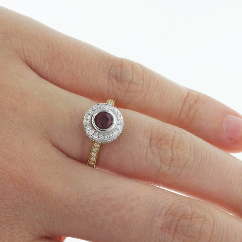 18ct Yellow And 18ct White Gold Ruby And Diamond Halo Ring-Ring-Walker & Hall