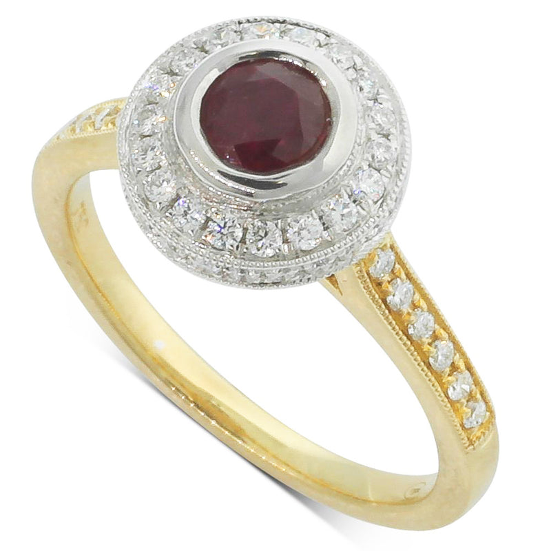 18ct Yellow And 18ct White Gold Ruby And Diamond Halo Ring-Ring-Walker & Hall