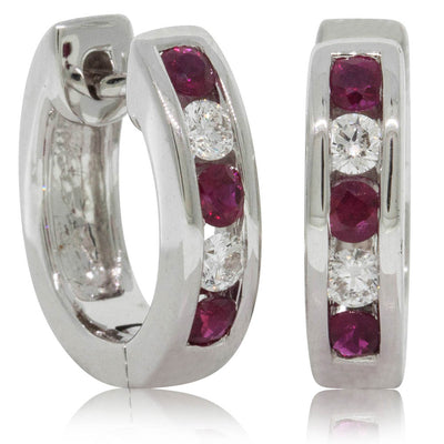 18ct White Gold Ruby & Diamond Huggie Earrings-Earrings-Walker & Hall