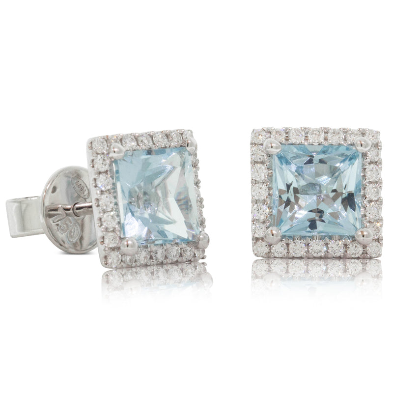 18ct White Gold Aquamarine & Diamond Halo Earrings-Earrings-Walker & Hall