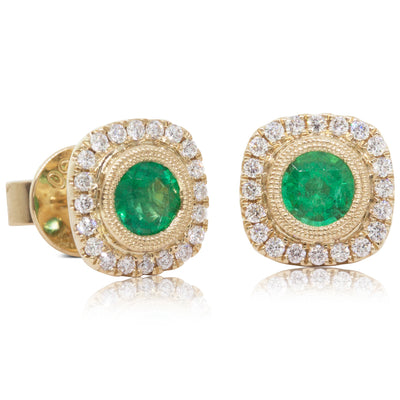 18ct Yellow Gold Emerald & Diamond Halo Earrings-Earrings-Walker & Hall