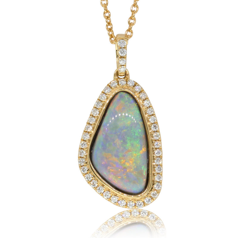 18ct Yellow Gold Opal & Diamond Halo Pendant-Necklace-Walker & Hall