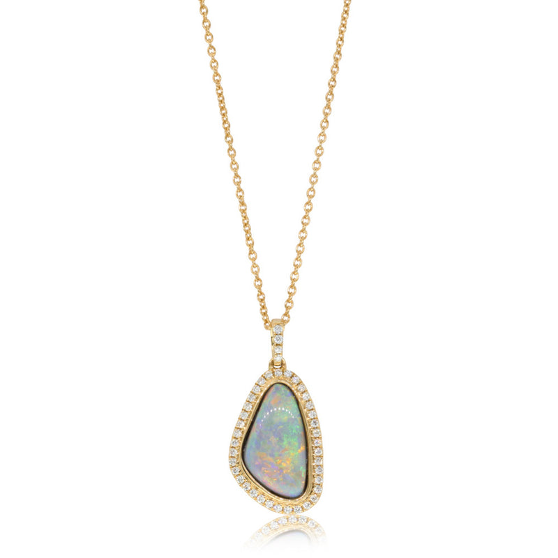 18ct Yellow Gold Opal & Diamond Halo Pendant-Necklace-Walker & Hall