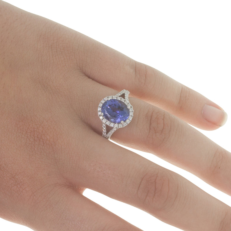 18ct White Gold Tanzanite & Diamond Halo Ring-Ring-Walker & Hall