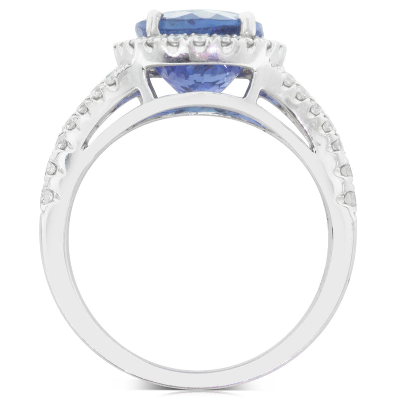 18ct White Gold Tanzanite & Diamond Halo Ring-Ring-Walker & Hall