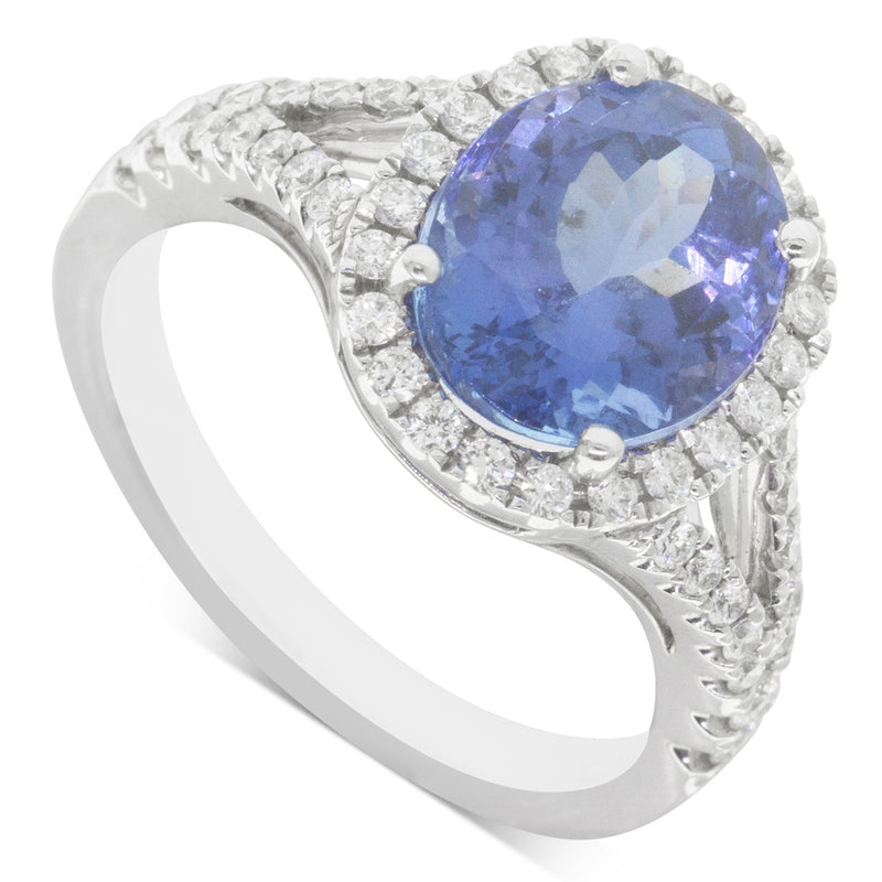18ct White Gold Tanzanite & Diamond Halo Ring-Ring-Walker & Hall