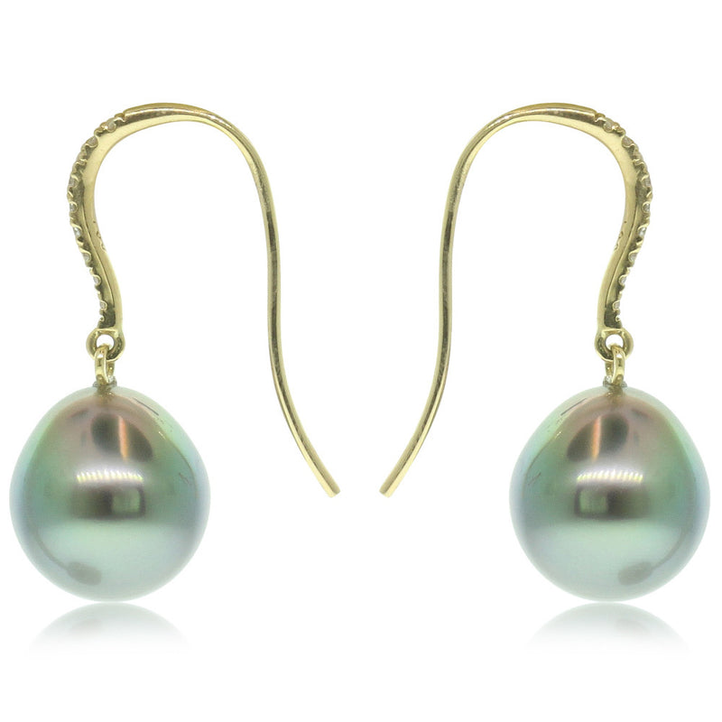 18ct Yellow Gold Tahitian Black Pearl & Diamond Earrings-Earrings-Walker & Hall
