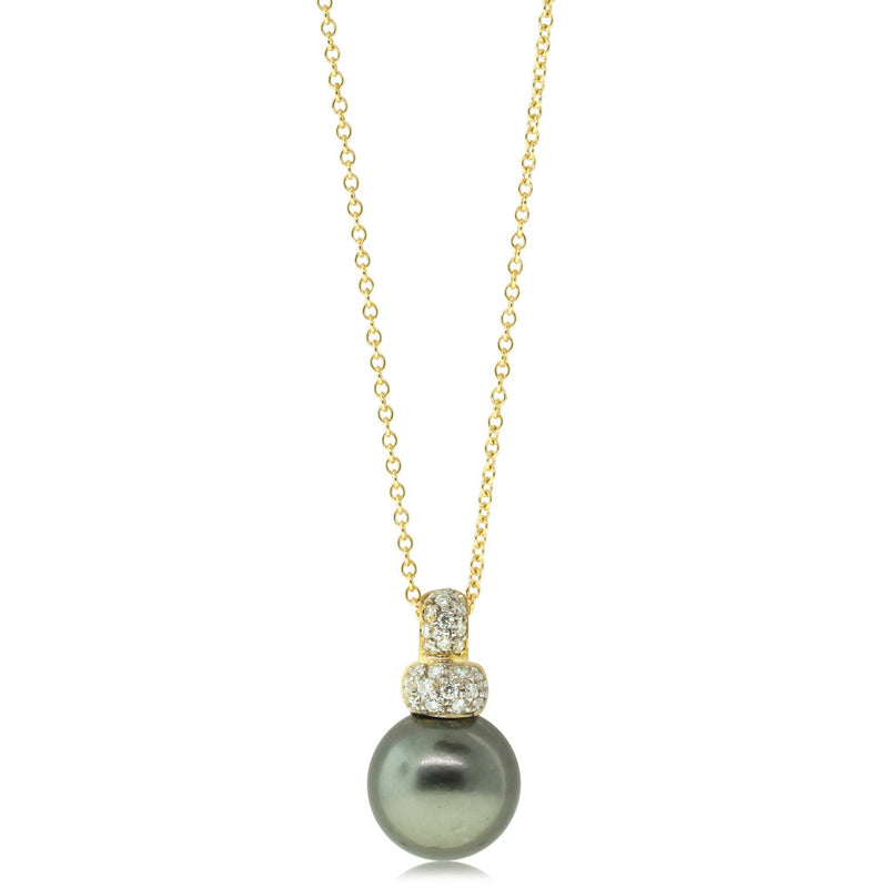 18ct Yellow Gold Tahitian Black Pearl & Diamond Pendant-Necklace-Walker & Hall