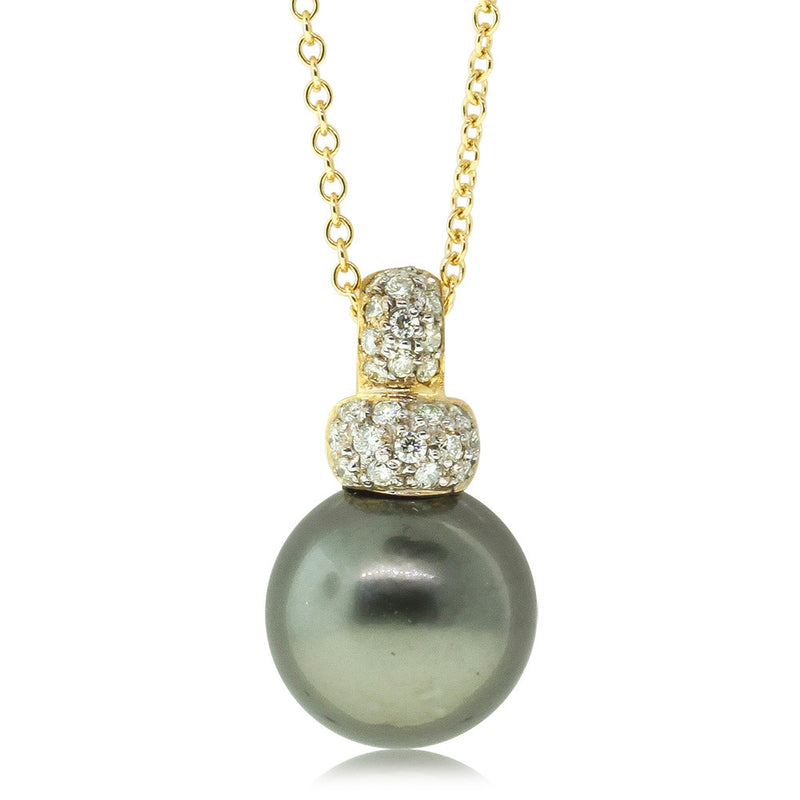 18ct Yellow Gold Tahitian Black Pearl & Diamond Pendant-Necklace-Walker & Hall
