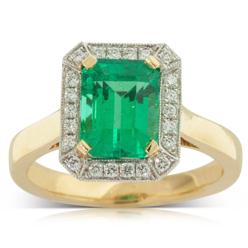 18ct Yellow & White Gold Emerald & Diamond Halo Ring-Ring-Walker & Hall